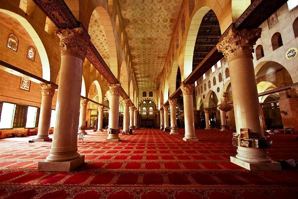 the interior prayer area of Al Aqsa Mosque in Jerusalem